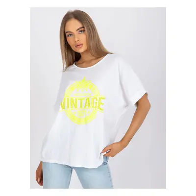 White and yellow women's T-shirt with appliqué and print