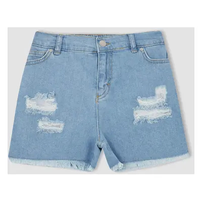 DEFACTO Girl's Mom Fit Ripped Detailed Shorts