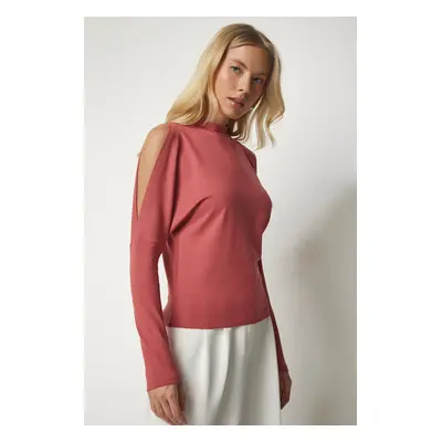 Happiness İstanbul Women's Dusty Rose High Collar Shoulder Decollete Knitwear Blouse