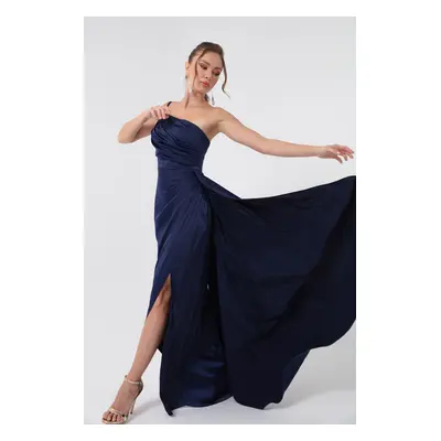 Lafaba Women's Navy Blue One-Shoulder Satin Evening Dress & Graduation Dress