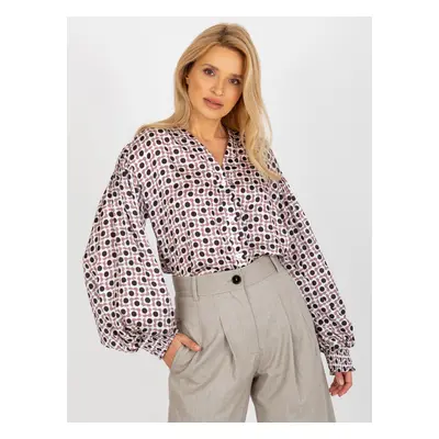 Ecru-dusty pink shirt with print and wide sleeves