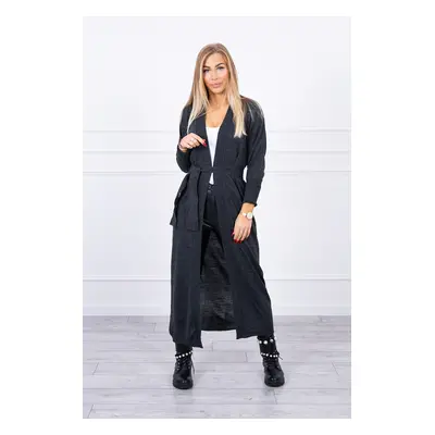 Long cardigan sweater with graphite waist ties