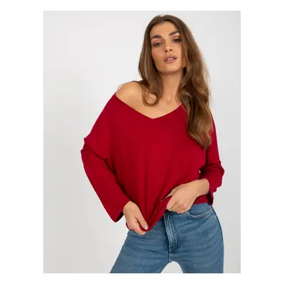 Burgundy women's basic blouse with 3/4 sleeves