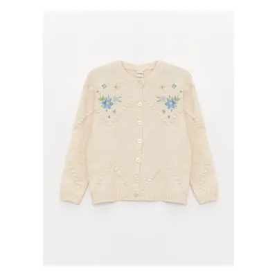 LC Waikiki Crew Neck Embroidered Long Sleeve Girl's Knitwear Cardigan