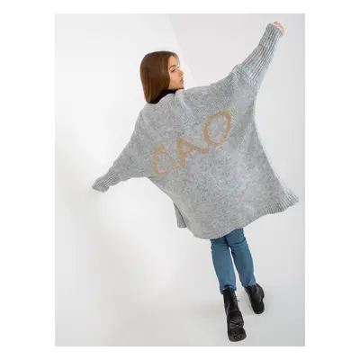 Grey loose cardigan with OH BELLA lettering on the back