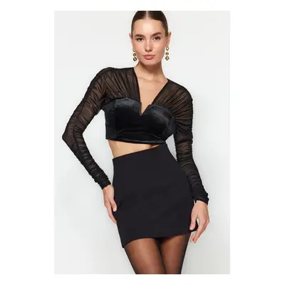 Trendyol Black Draped Velvet Tulle Blouse