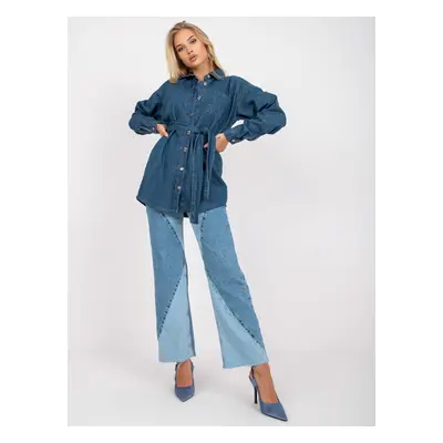 Blue women's denim shirt with belt RUE PARIS