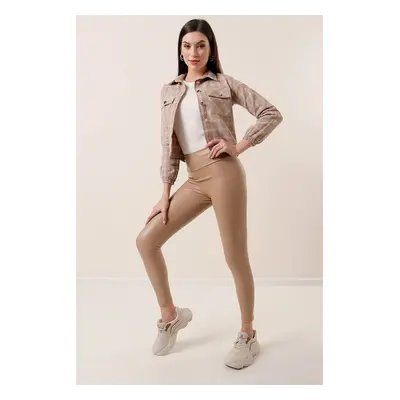 By Saygı High Waist Cream Lycra Leather Leggings With Rayons.