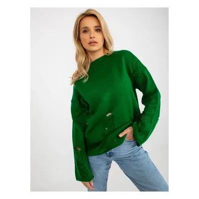 Green women's oversize sweater with holes