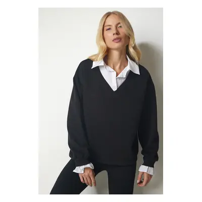 Happiness İstanbul Women's Black Shirt Detailed Knitted Sweatshirt