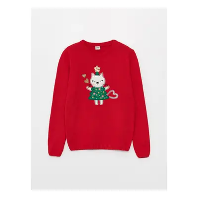 LC Waikiki Girls' Crew Neck Christmas Themed Long Sleeve Knitwear Sweater