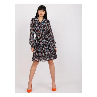 Women's black mini dress with floral print and ruffle