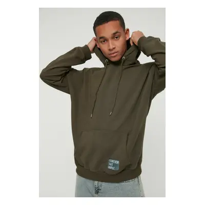 Trendyol Basic Khaki Oversize/Wide Cut Hooded Labeled Fleece Cotton Sweatshirt