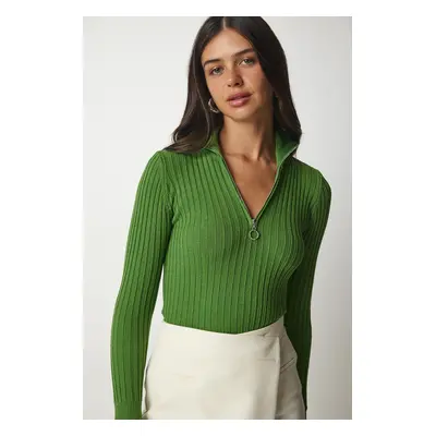 Happiness İstanbul Women's Green Zipper High Neck Ribbed Knitwear Blouse