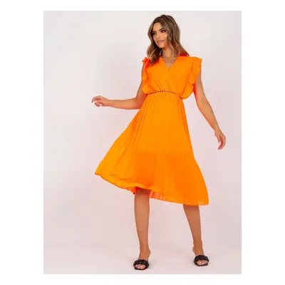 Fluo Orange Airy Midi Dress With Pleats