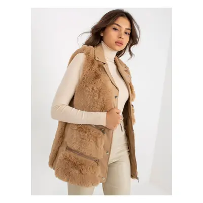 Women's camel vest made of eco-leather with fur