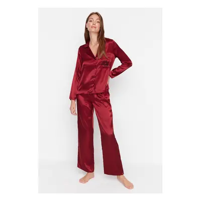 Trendyol Claret Red Christmas Themed Embroidered Satin Shirt-Pants Weave Pajamas Set