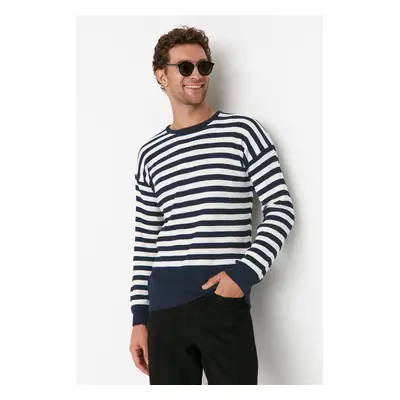 Trendyol Indigo Crew Neck Oversize Striped Knitwear Sweater