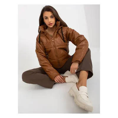 Light brown down jacket in faux leather with hood