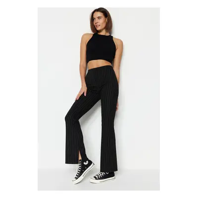 Trendyol Black Smart Slit Flare/spanyol láb magas derékú csíkos kötött leggings nadrág