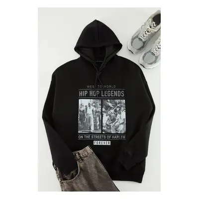 Trendyol Black Men's Oversize/Wide Cut Rap Music Printed Cotton Sweatshirt with Fleece Inside