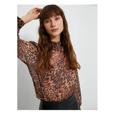 Koton Chiffon blouse Leopard Patterned Draped Collar Balloon Sleeve