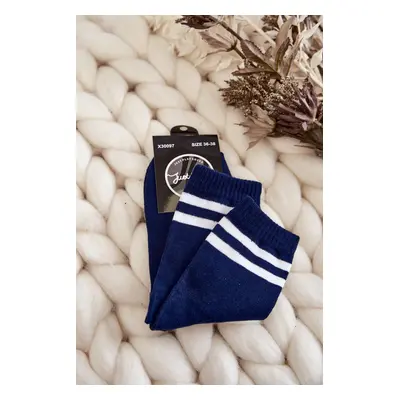 Women's cotton sports socks with stripes navy blue