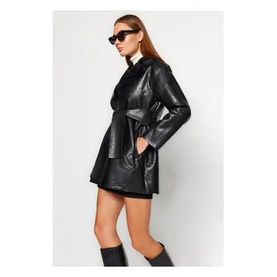 Trendyol Black Premium Oversize Belted Plush Collar Detailed Faux Leather Coat