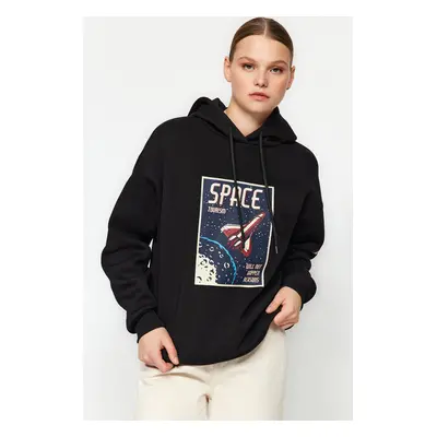 Trendyol Black Thick Inside Fleece Space Printed Oversize/Wide Cut Knitted Sweatshirt