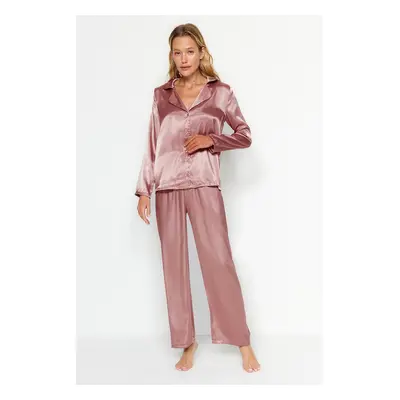 Trendyol Brown Satin Shirt-Pants Woven Pajamas Set