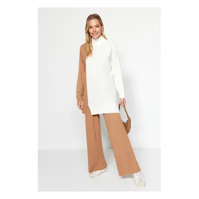 Trendyol Camel Color Block Sweater-Trousers Knitwear Two Piece Set