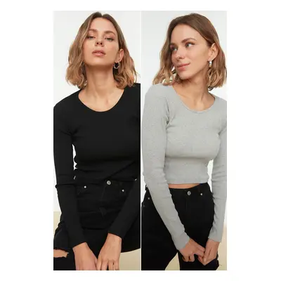 Trendyol Black-Grey Pack Fitted Wide Collar Ribbed Flexible Crop Knitted Blouse