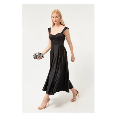 Lafaba Women's Black Strapless Flare Cut Midi Satin Evening Dress.