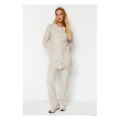 Trendyol Stone Pearl Buttoned Knitwear Cardigan Trousers Two Piece Set