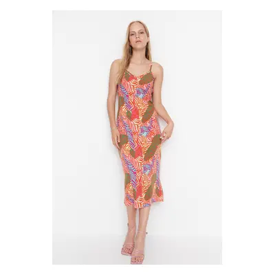 Trendyol Multi-colored Fitted Midi Midi Dress With Low-Cut Back Floral Print