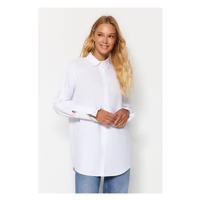 Trendyol White Ruffle Detail Cotton Woven Shirt