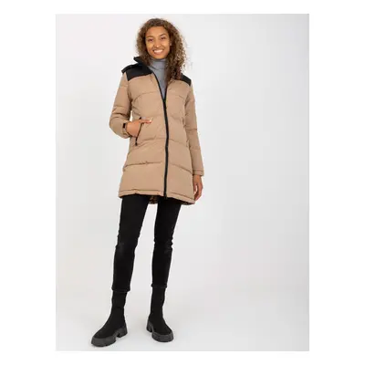 Winter camel and black quilted down jacket