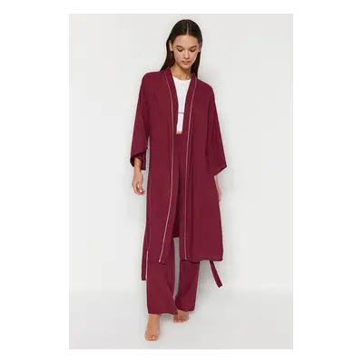 Trendyol Damson 2-Piece Viscose Tie Dressing Gown-Pajama Bottom Woven Pajamas Set