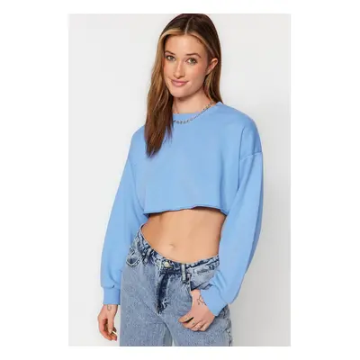 Trendyol Blue Relaxed Cut Crop Thick Crew Neck Knitted Sweatshirt