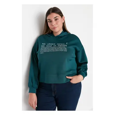 Trendyol Curve Petrol Green Hoodie with Printed Scuba/Scuba Diving Crop Knitted Sweatshirt