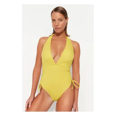 Trendyol Oil Green Deep-Decollete Pleated High Leg Swimsuit