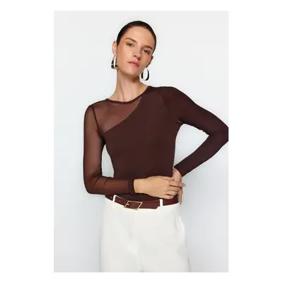 Trendyol Brown Tulle Detailed Snap Snap rugalmas kötött body