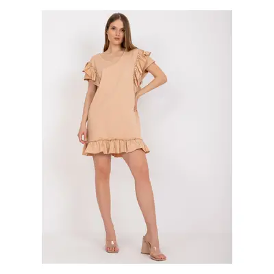 Beige minidress with frills and short sleeves