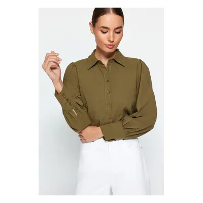 Trendyol Dark Khaki Balloon Sleeve Cotton Woven Shirt