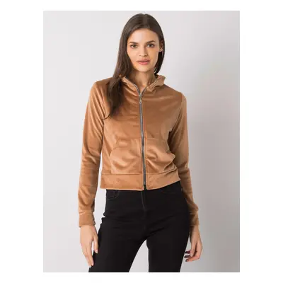 Velour sweatshirt RUE PARIS Camel with zip fastening