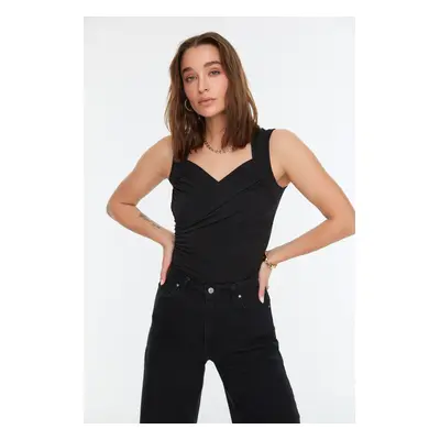 Trendyol Black Drape Detail Fitted/Situated Strap Elastic Snaps Knitted Bodysuit