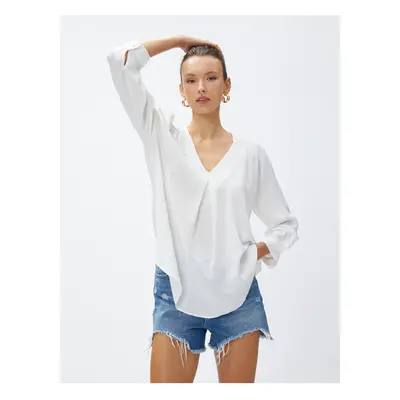 Koton V-Neck Viscose Blouse with Pleat Detailed