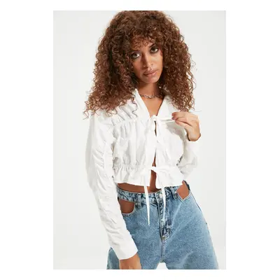 Trendyol Ecru Crop Woven Tie Cotton Shirt