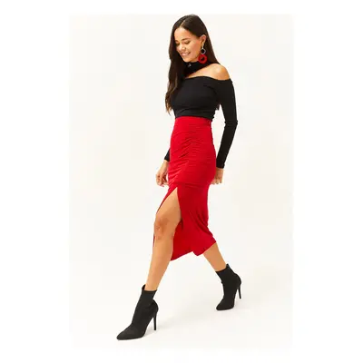 Olalook Women's Red Slit Draped Detail Zippered Midi Sandy Skirt