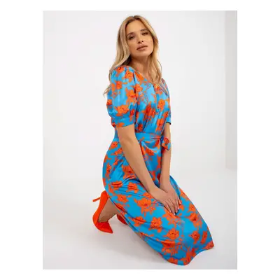 Blue and orange midi cocktail dress with belt